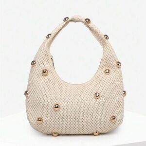 Elegant Cream and Gold Studded Women's Shoulder Bag